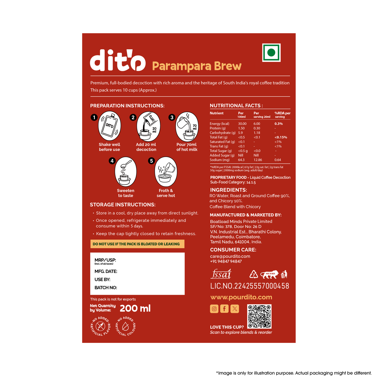 DITO Parampara Brew | Premium Filter Coffee | Pack of 3 × 200 ml | 90:10 Blend