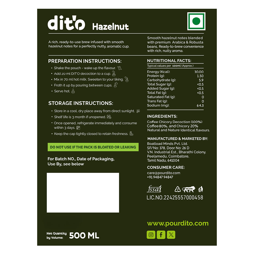 DIT'O Hazelnut Brew | 500 ml Flavoured Filter Coffee Decoction