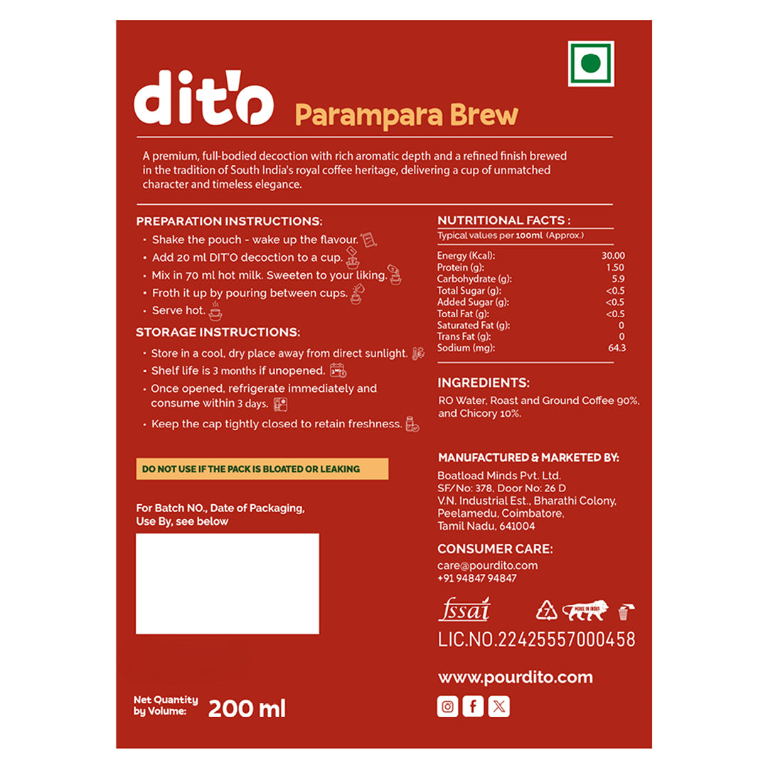 DIT'O Parampara Brew | 200 ml Premium Filter Coffee Decoction