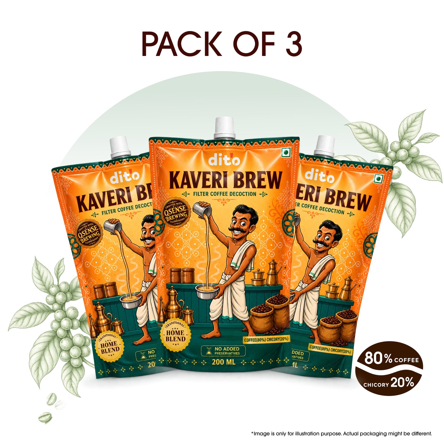 DITO Kaveri Brew | Everyday Filter Coffee | Pack of 3 × 200 ml | 80:20 Blend