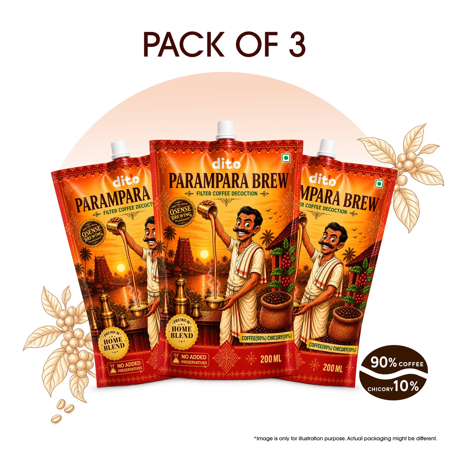 DITO Parampara Brew | Premium Filter Coffee | Pack of 3 × 200 ml | 90:10 Blend