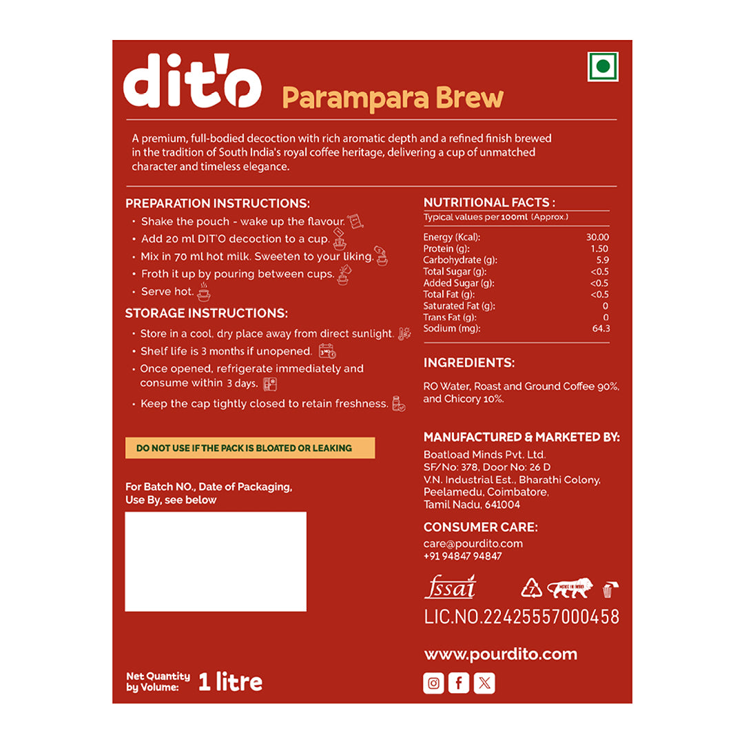 DIT'O Parampara Brew | 1 L Premium Filter Coffee Decoction